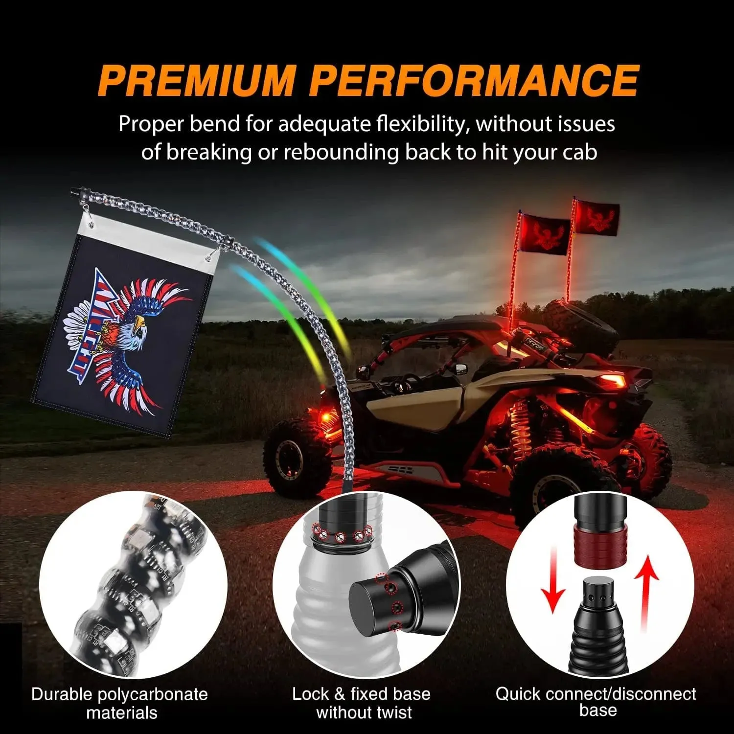 2Pcs 4FT Spiral Antenna W/ Spring Base Led Whip Light Bluetooth Remote App Control | 8.6FT Wire 5Pin Switch