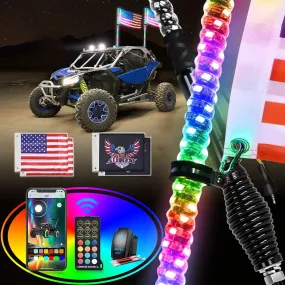 2Pcs 4FT Spiral Antenna W/ Spring Base Led Whip Light Bluetooth Remote App Control | 8.6FT Wire 5Pin Switch