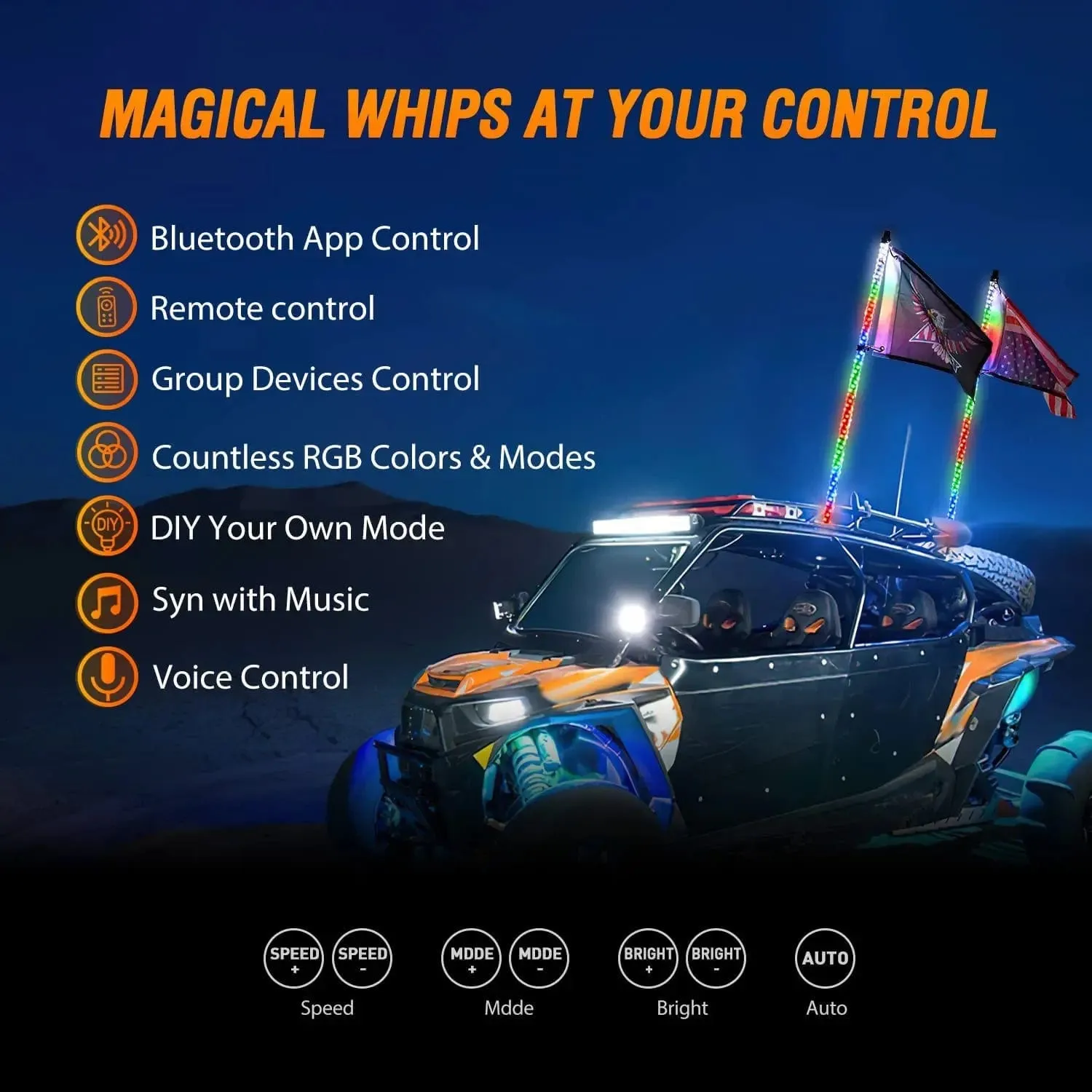 2Pcs 5FT Spiral Antenna W/ Spring Base Led Whip Light Bluetooth Remote App Control | 8.6FT Wire 5Pin Switch