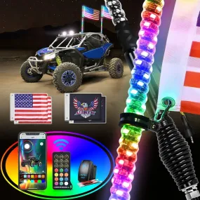 2Pcs 5FT Spiral Antenna W/ Spring Base Led Whip Light Bluetooth Remote App Control | 8.6FT Wire 5Pin Switch