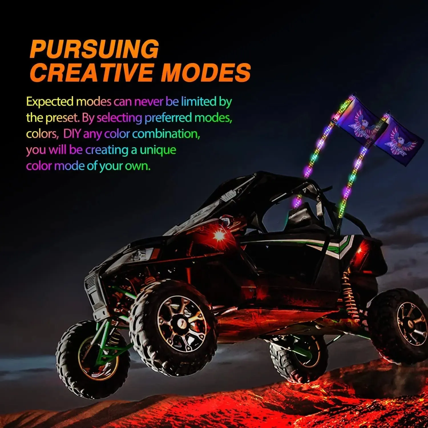 2Pcs 5FT Spiral Antenna W/ Spring Base Led Whip Light Bluetooth Remote App Control | 8.6FT Wire 5Pin Switch