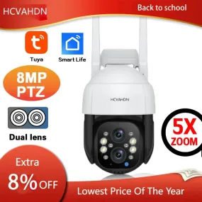 8MP Tuya Smart Dual Lens Wifi IP Camera Auto Tracking Wireless Security Cam Outdoor Street PTZ CCTV Surveillance Camera 5X Zoom