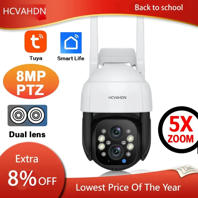 8MP Tuya Smart Dual Lens Wifi IP Camera Auto Tracking Wireless Security Cam Outdoor Street PTZ CCTV Surveillance Camera 5X Zoom