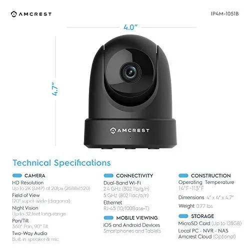 Amcrest 4MP UltraHD Indoor WiFi Camera, Security IP Camera with Pan/Tilt, Two-Way Audio, Night Vision, Remote Viewing, Dual-Band 5ghz/2.4ghz, 4-Megapixel @~20FPS, Wide 120° FOV, IP4M-1051B (Black)