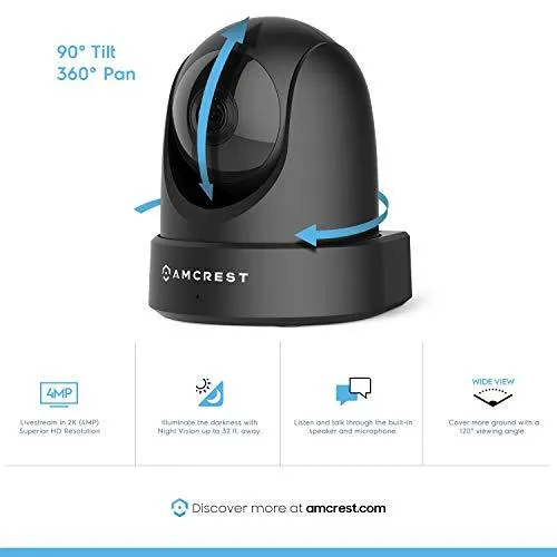 Amcrest 4MP UltraHD Indoor WiFi Camera, Security IP Camera with Pan/Tilt, Two-Way Audio, Night Vision, Remote Viewing, Dual-Band 5ghz/2.4ghz, 4-Megapixel @~20FPS, Wide 120° FOV, IP4M-1051B (Black)