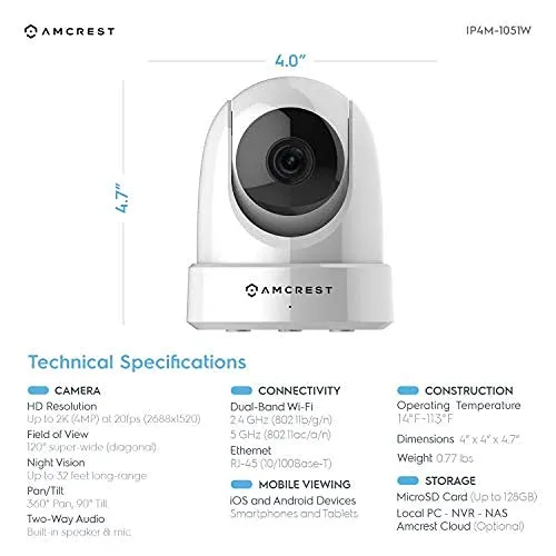 Amcrest 4MP UltraHD Indoor WiFi Camera, Security IP Camera with Pan/Tilt, Two-Way Audio, Night Vision, Remote Viewing, Dual-Band 5ghz/2.4ghz, 4-Megapixel @~20FPS, Wide 120° FOV, IP4M-1051W (White)