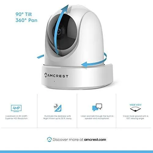Amcrest 4MP UltraHD Indoor WiFi Camera, Security IP Camera with Pan/Tilt, Two-Way Audio, Night Vision, Remote Viewing, Dual-Band 5ghz/2.4ghz, 4-Megapixel @~20FPS, Wide 120° FOV, IP4M-1051W (White)