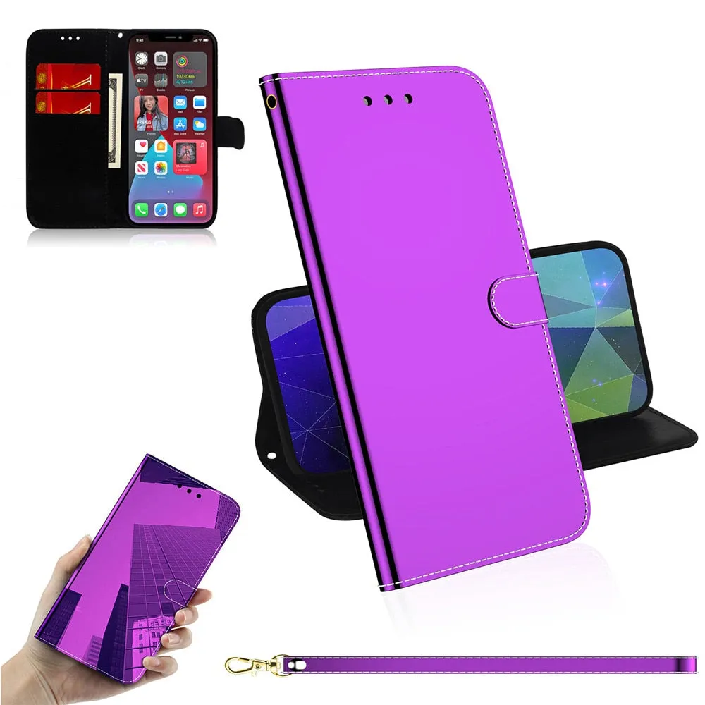 Anymob iPhone Light Blue Smooth Surface Mirror Leather Case Flip Wallet With Card Slots Cover
