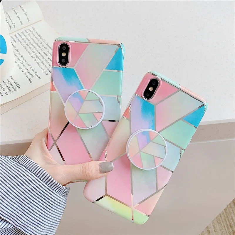 Anymob iPhone Mint Green Holder Stand Case Back Cover Marble Art Silicone Phone Cover