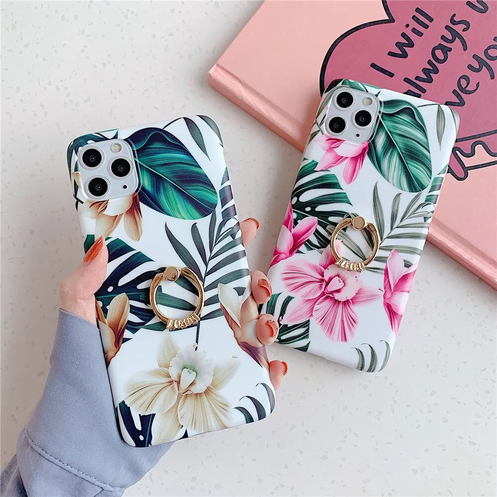 Anymob iPhone Orchid Finger Ring Holder Case Flower Silicone Phone Cover