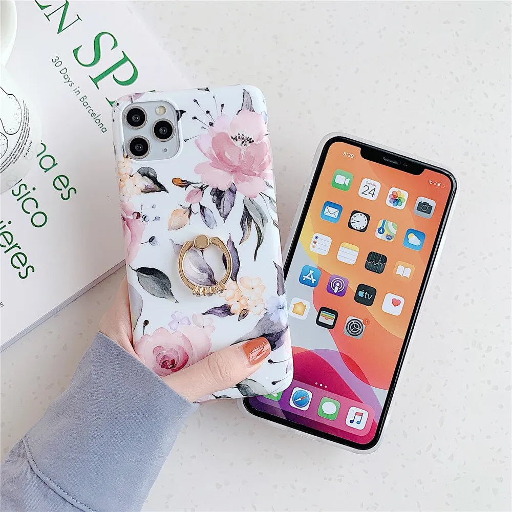 Anymob iPhone Orchid Finger Ring Holder Case Flower Silicone Phone Cover