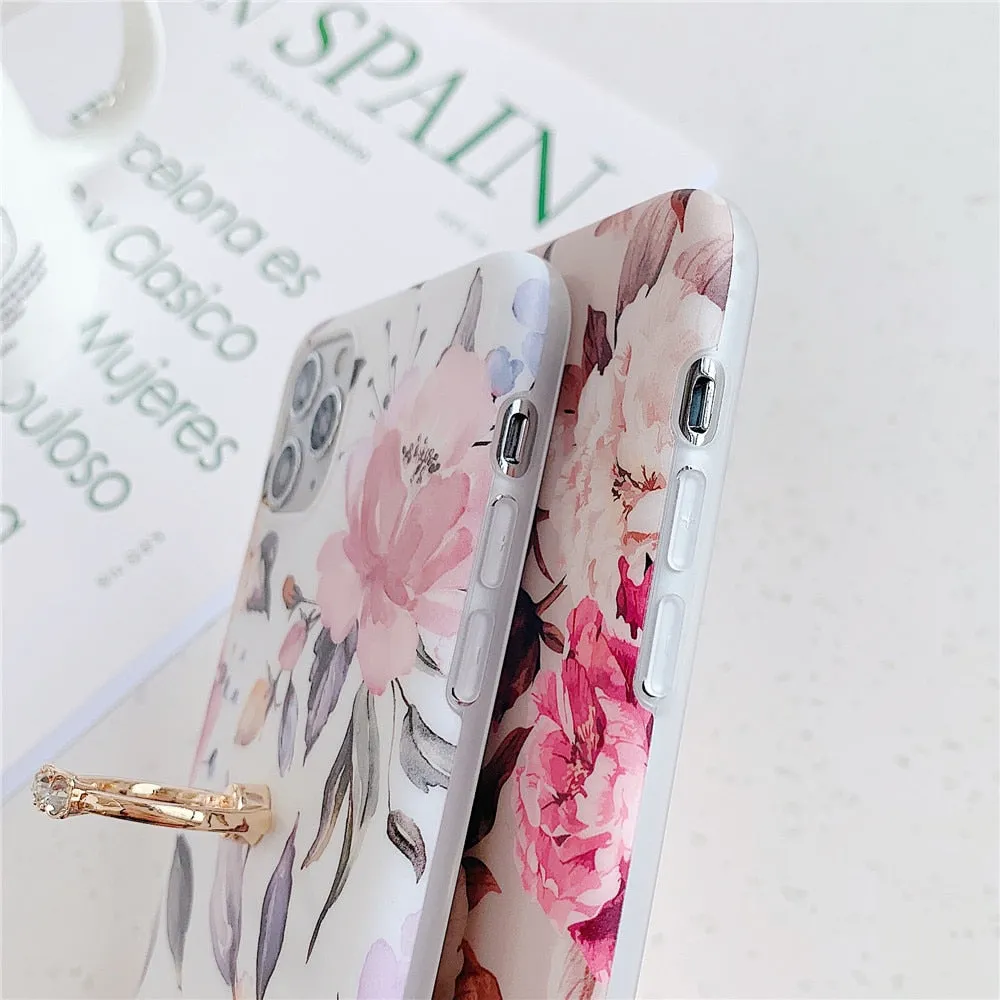 Anymob iPhone Orchid Finger Ring Holder Case Flower Silicone Phone Cover