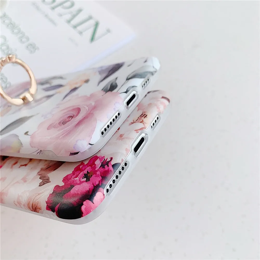 Anymob iPhone Orchid Finger Ring Holder Case Flower Silicone Phone Cover
