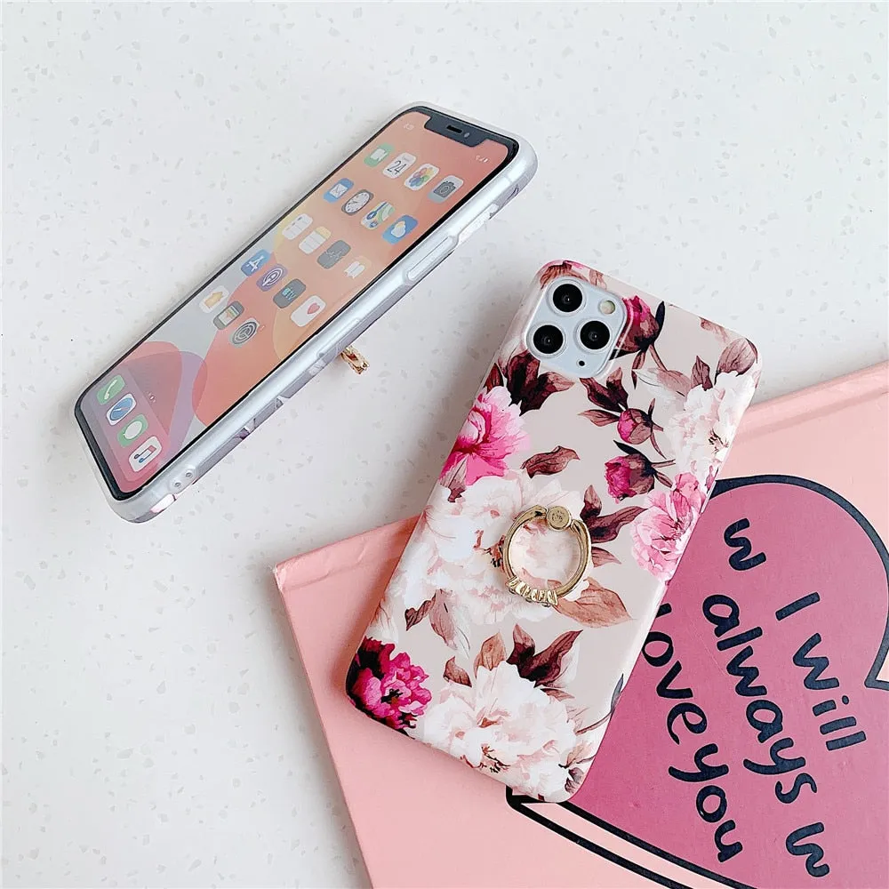 Anymob iPhone Orchid Finger Ring Holder Case Flower Silicone Phone Cover
