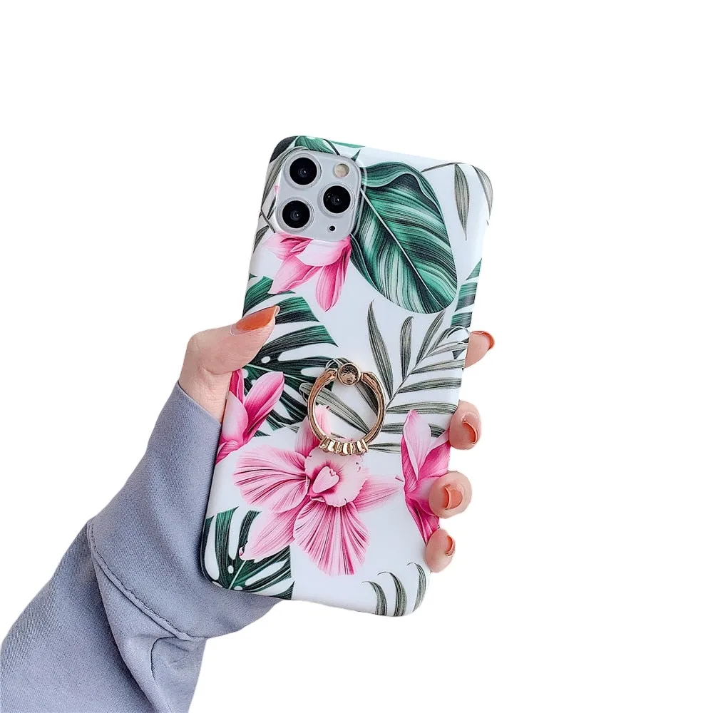 Anymob iPhone Orchid Finger Ring Holder Case Flower Silicone Phone Cover