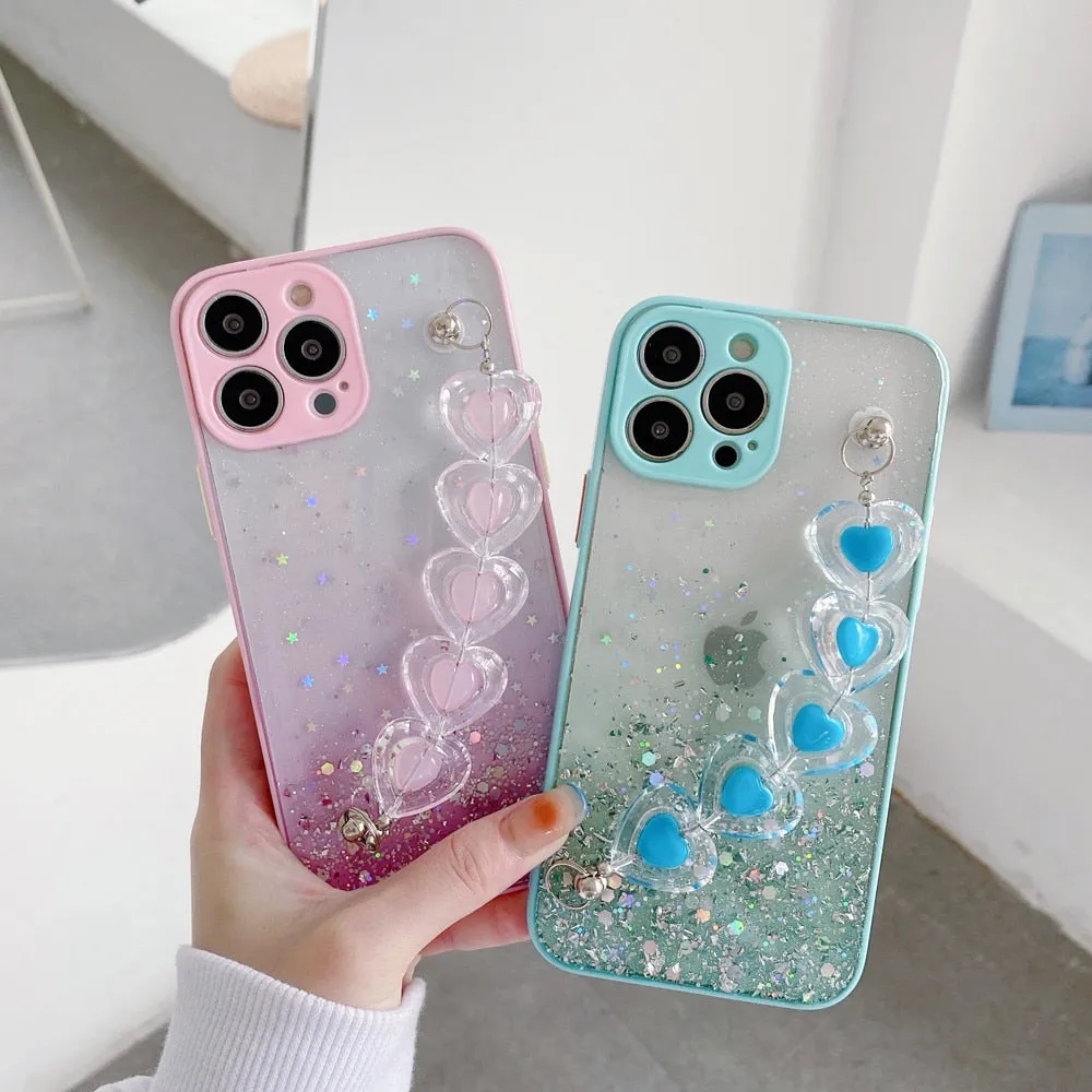 Anymob iPhone Yellow Crystal Heart Bracelet Phone Chain Case Glitter Soft Cover