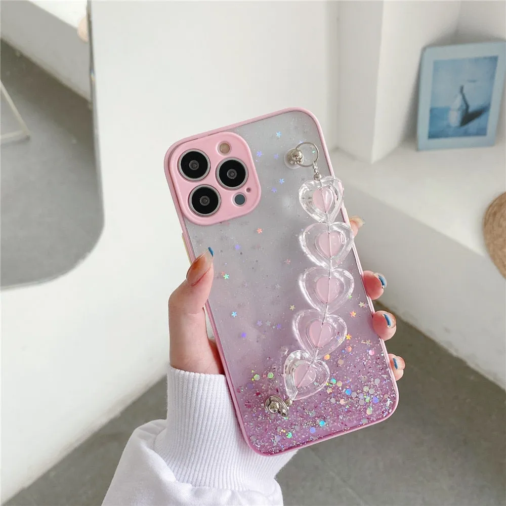 Anymob iPhone Yellow Crystal Heart Bracelet Phone Chain Case Glitter Soft Cover