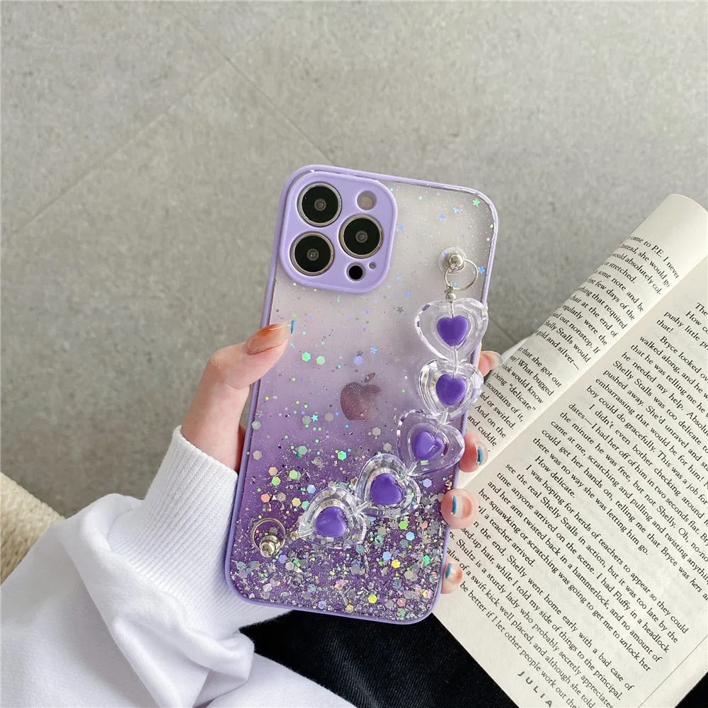 Anymob iPhone Yellow Crystal Heart Bracelet Phone Chain Case Glitter Soft Cover