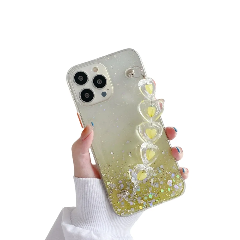 Anymob iPhone Yellow Crystal Heart Bracelet Phone Chain Case Glitter Soft Cover
