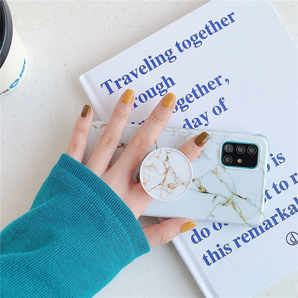 Anymob Samsung Case Dirty White Marble With Finger Ring Holder Silicone Phone Cover