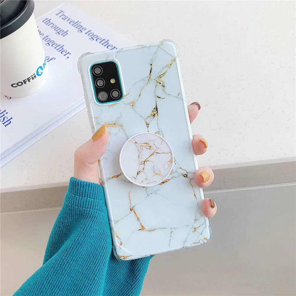 Anymob Samsung Case Dirty White Marble With Finger Ring Holder Silicone Phone Cover