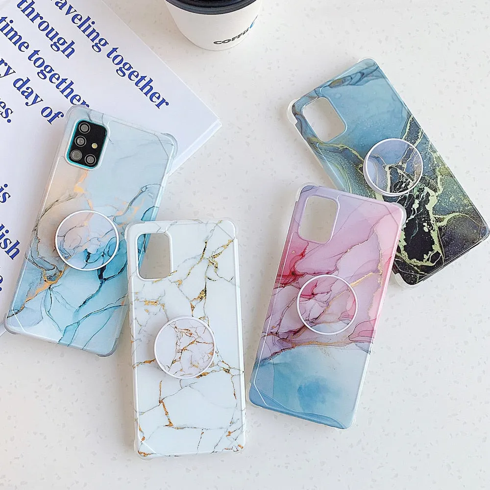 Anymob Samsung Case Dirty White Marble With Finger Ring Holder Silicone Phone Cover