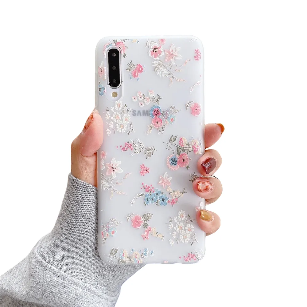 Anymob Samsung Case White And Tiny Flower Vintage Relief Flower Phone Matte Soft Silicone Back Cover