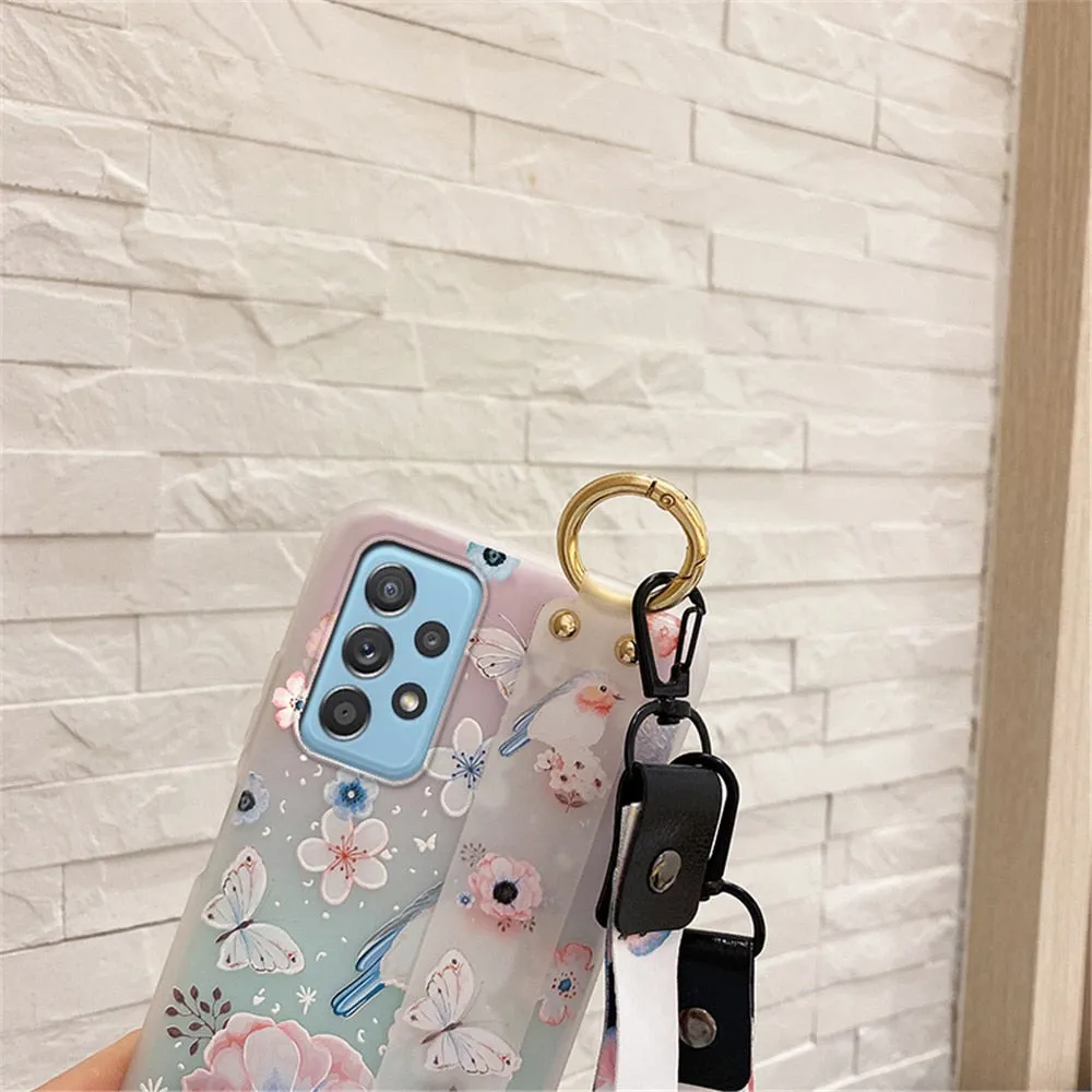 Anymob Samsung Chery Blossom Boquete Soft Silicone Case Flowers Neck Lanyard Wristband Holder Cover