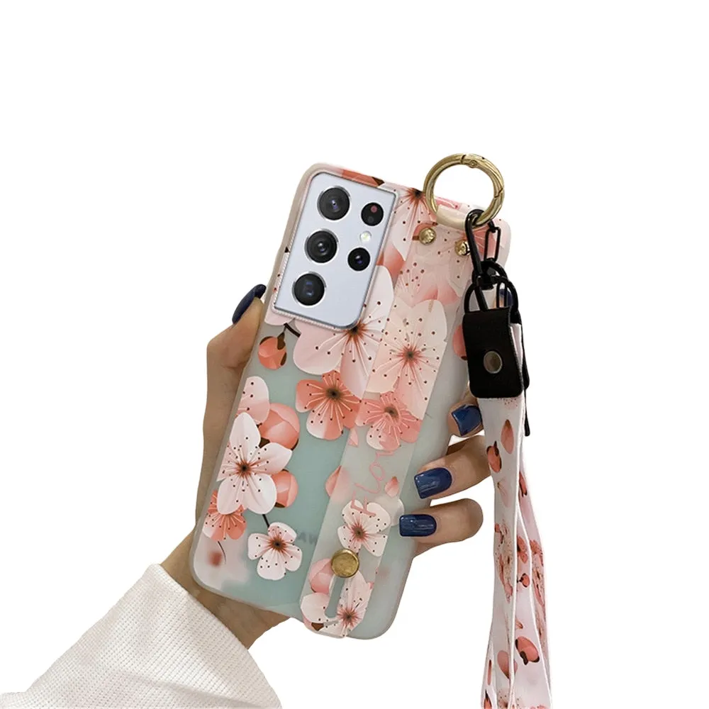 Anymob Samsung Chery Blossom Boquete Soft Silicone Case Flowers Neck Lanyard Wristband Holder Cover