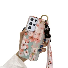 Anymob Samsung Chery Blossom Boquete Soft Silicone Case Flowers Neck Lanyard Wristband Holder Cover