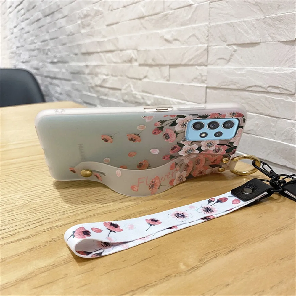 Anymob Samsung Chery Blossom Boquete Soft Silicone Case Flowers Neck Lanyard Wristband Holder Cover