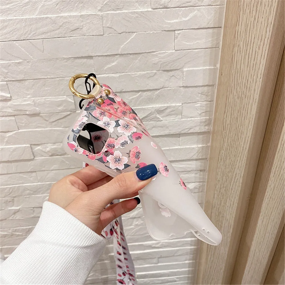 Anymob Samsung Chery Blossom Boquete Soft Silicone Case Flowers Neck Lanyard Wristband Holder Cover