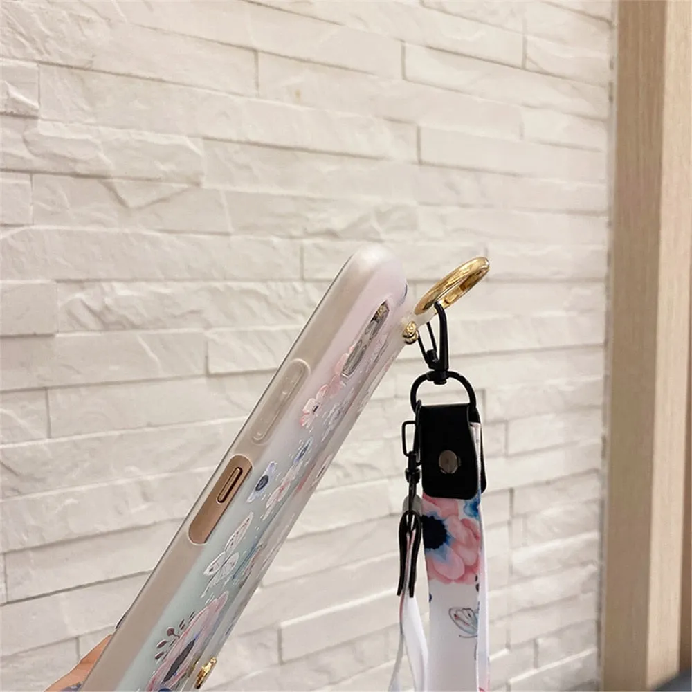 Anymob Samsung Chery Blossom Boquete Soft Silicone Case Flowers Neck Lanyard Wristband Holder Cover
