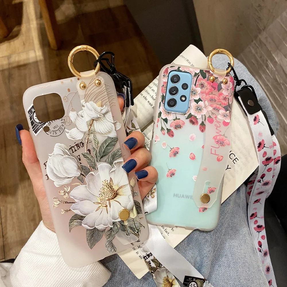 Anymob Samsung Chery Blossom Boquete Soft Silicone Case Flowers Neck Lanyard Wristband Holder Cover