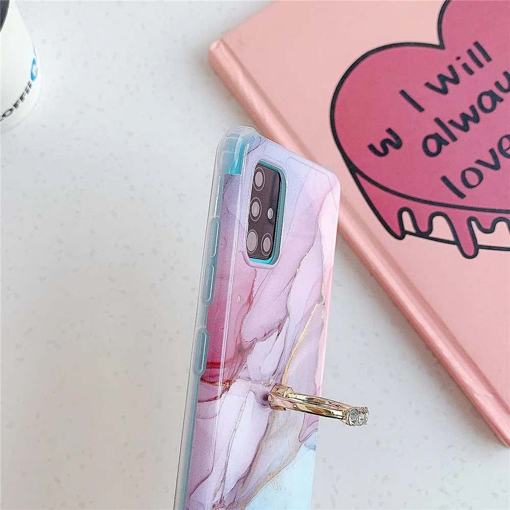 Anymob Samsung White And Gold Marble Ring Holder Case Silicone Shockproof Cover