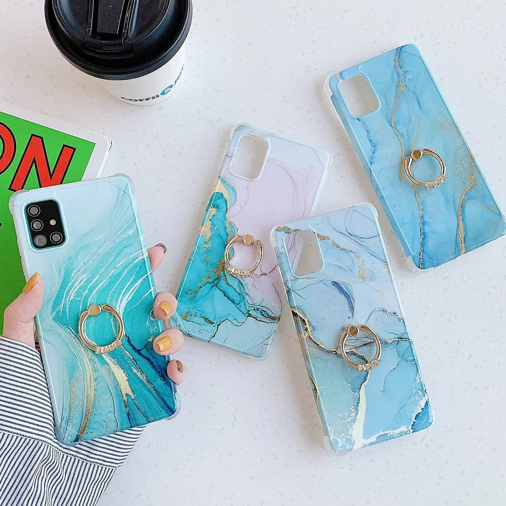 Anymob Samsung White And Gold Marble Ring Holder Case Silicone Shockproof Cover