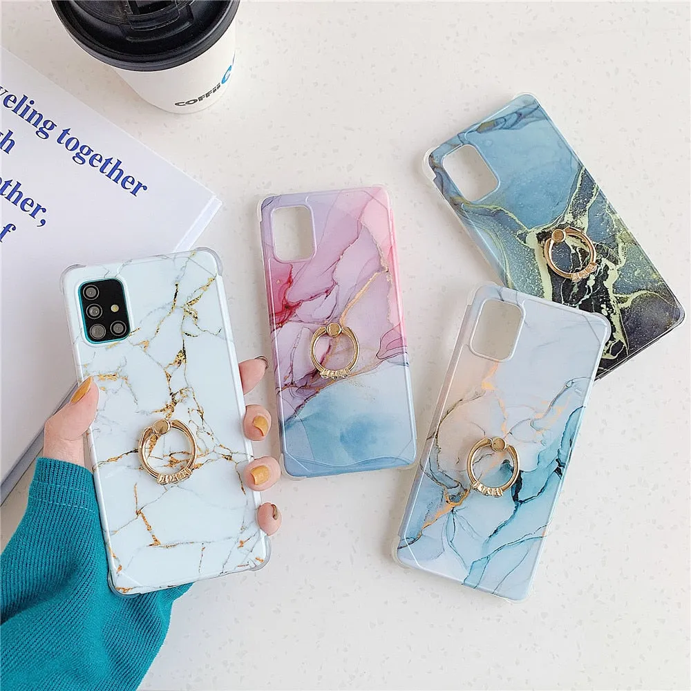 Anymob Samsung White And Gold Marble Ring Holder Case Silicone Shockproof Cover