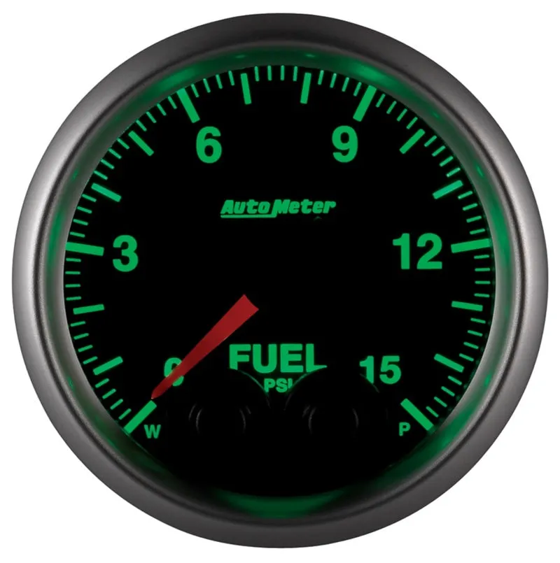 Auto Meter Elite Series 0-15 psi Fuel Pressure Gauge - Electric - Analog - Full Sweep - 2-1/16 in Diameter - Peak and Warn - Black Face