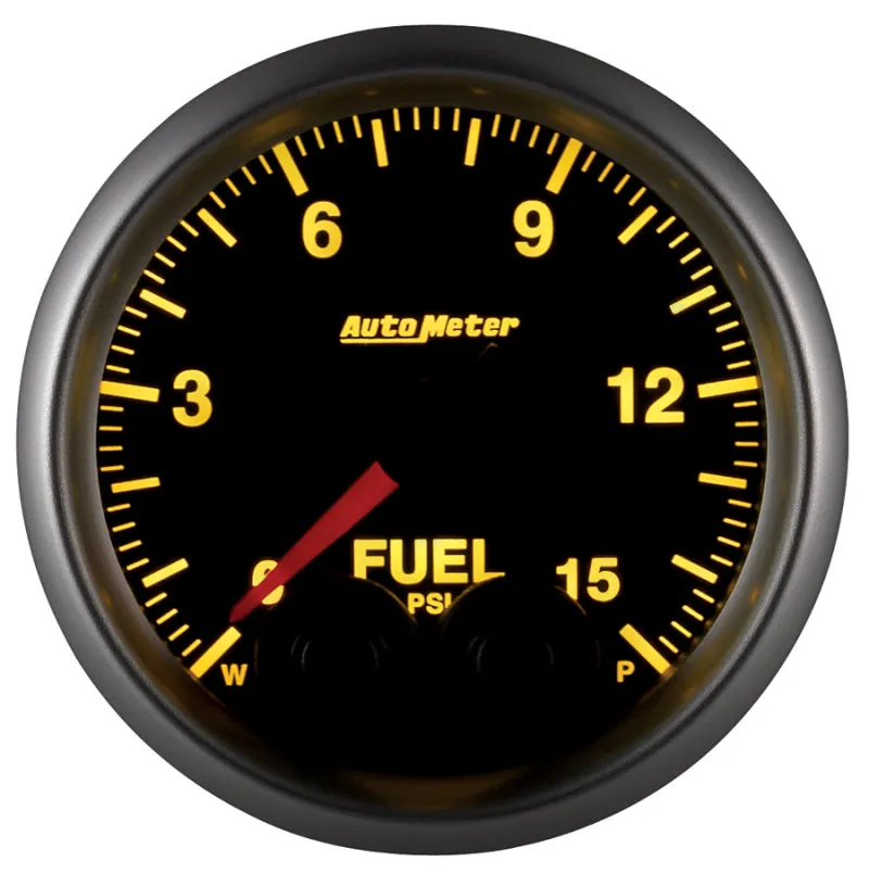 Auto Meter Elite Series 0-15 psi Fuel Pressure Gauge - Electric - Analog - Full Sweep - 2-1/16 in Diameter - Peak and Warn - Black Face