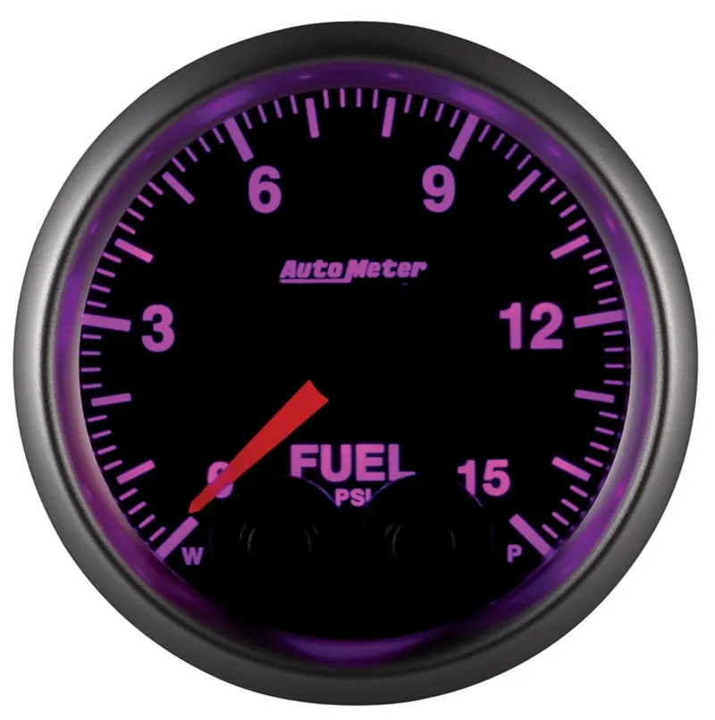 Auto Meter Elite Series 0-15 psi Fuel Pressure Gauge - Electric - Analog - Full Sweep - 2-1/16 in Diameter - Peak and Warn - Black Face