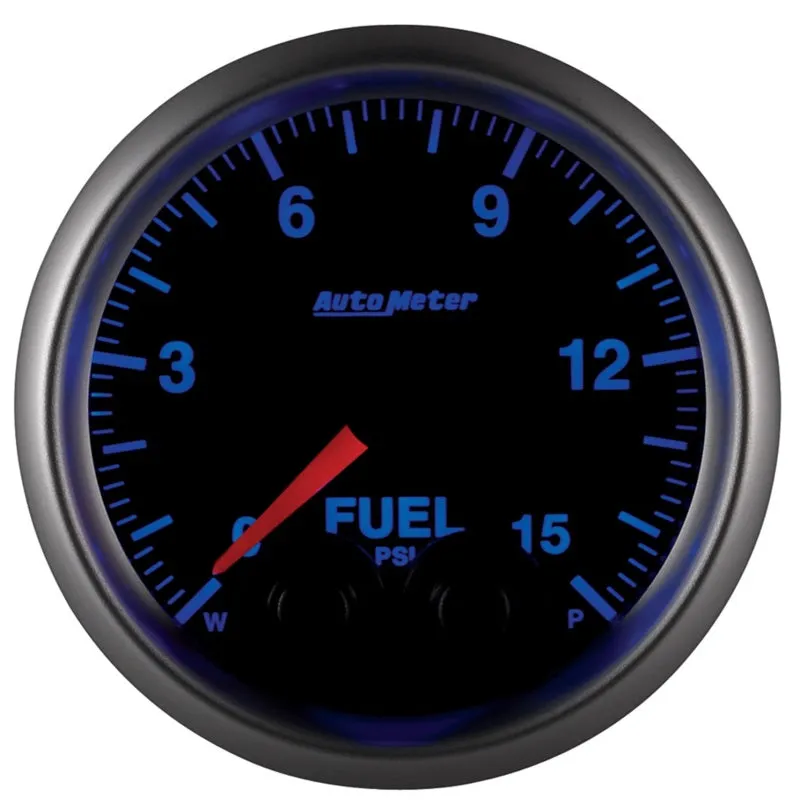 Auto Meter Elite Series 0-15 psi Fuel Pressure Gauge - Electric - Analog - Full Sweep - 2-1/16 in Diameter - Peak and Warn - Black Face