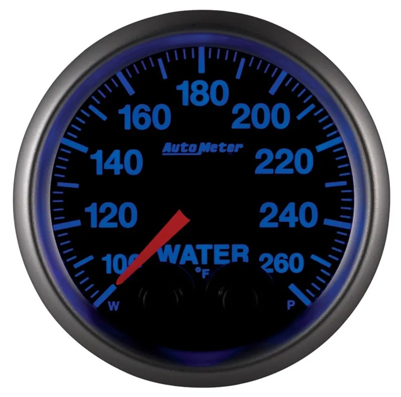 Auto Meter Elite Series 100-260 Degree F Water Temperature Gauge - Electric - Analog - Full Sweep - 2-1/16 in Diameter - Peak and Warn - Black Face