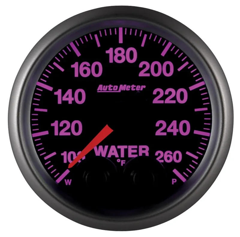 Auto Meter Elite Series 100-260 Degree F Water Temperature Gauge - Electric - Analog - Full Sweep - 2-1/16 in Diameter - Peak and Warn - Black Face