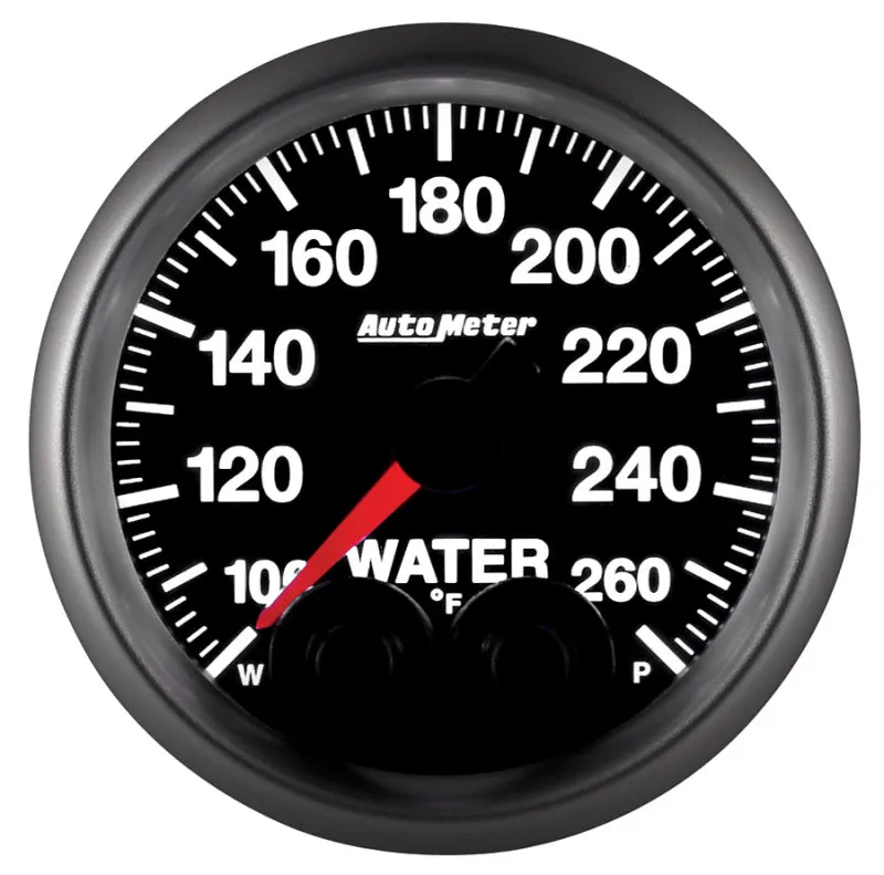 Auto Meter Elite Series 100-260 Degree F Water Temperature Gauge - Electric - Analog - Full Sweep - 2-1/16 in Diameter - Peak and Warn - Black Face