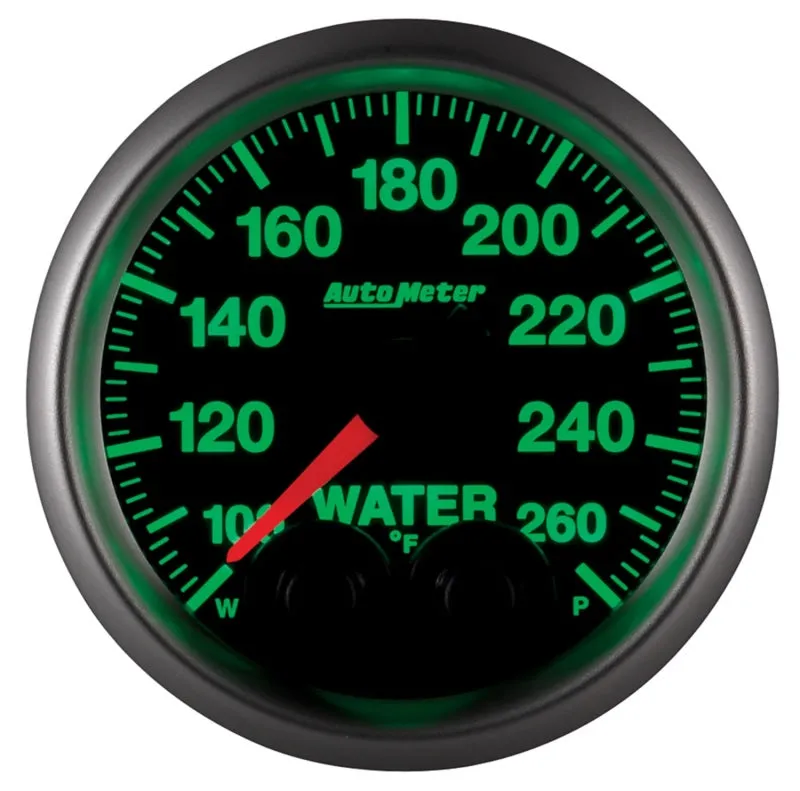 Auto Meter Elite Series 100-260 Degree F Water Temperature Gauge - Electric - Analog - Full Sweep - 2-1/16 in Diameter - Peak and Warn - Black Face