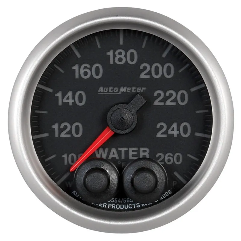 Auto Meter Elite Series 100-260 Degree F Water Temperature Gauge - Electric - Analog - Full Sweep - 2-1/16 in Diameter - Peak and Warn - Black Face
