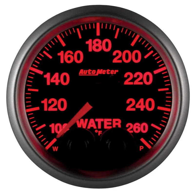 Auto Meter Elite Series 100-260 Degree F Water Temperature Gauge - Electric - Analog - Full Sweep - 2-1/16 in Diameter - Peak and Warn - Black Face