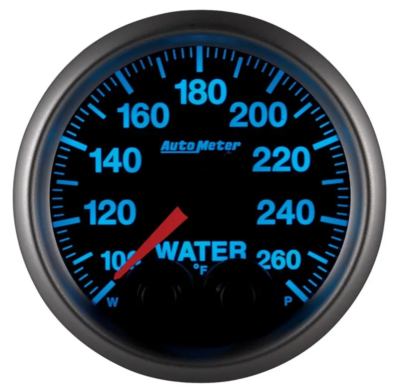 Auto Meter Elite Series 100-260 Degree F Water Temperature Gauge - Electric - Analog - Full Sweep - 2-1/16 in Diameter - Peak and Warn - Black Face
