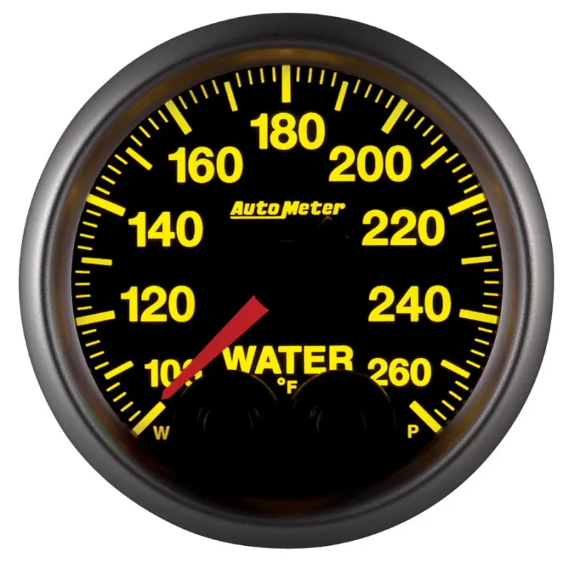 Auto Meter Elite Series 100-260 Degree F Water Temperature Gauge - Electric - Analog - Full Sweep - 2-1/16 in Diameter - Peak and Warn - Black Face