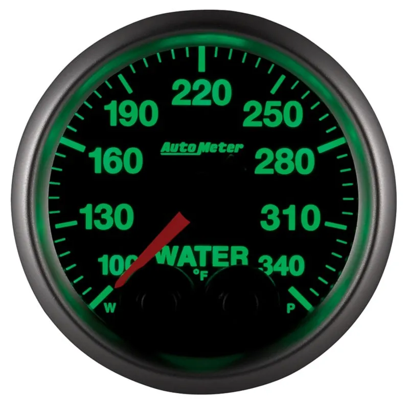 Auto Meter Elite Series 100-340 Degree F Water Temperature Gauge - Electric - Analog - Full Sweep - 2-1/16 in Diameter - Peak and Warn - Black Face